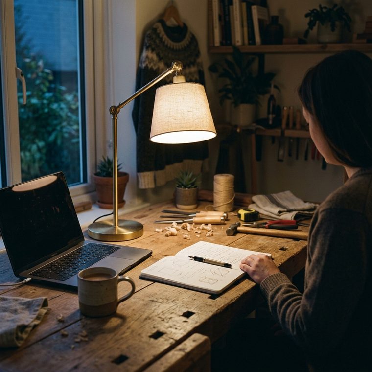A home workbench at dusk lit by a single desk lamp, sketches spread out