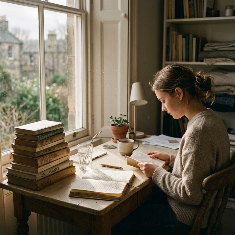 A student studying at a desk by a window, books stacked beside them