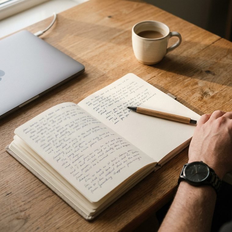 An open notebook and pen on a sunlit desk beside a laptop